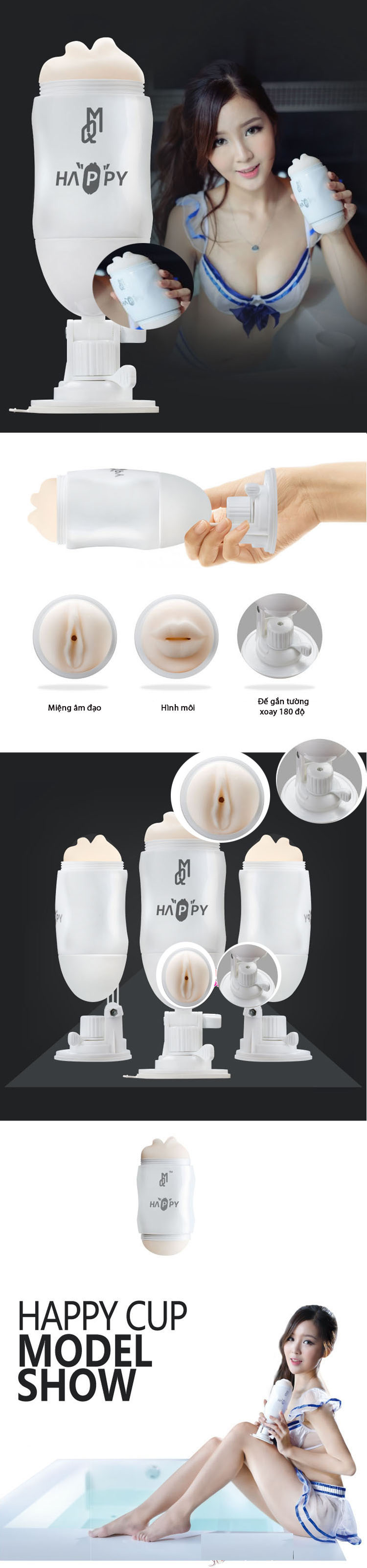 Cốc thủ dâm Happy gắn tường 2 đầu rung xoay 180 độ đa chức năng